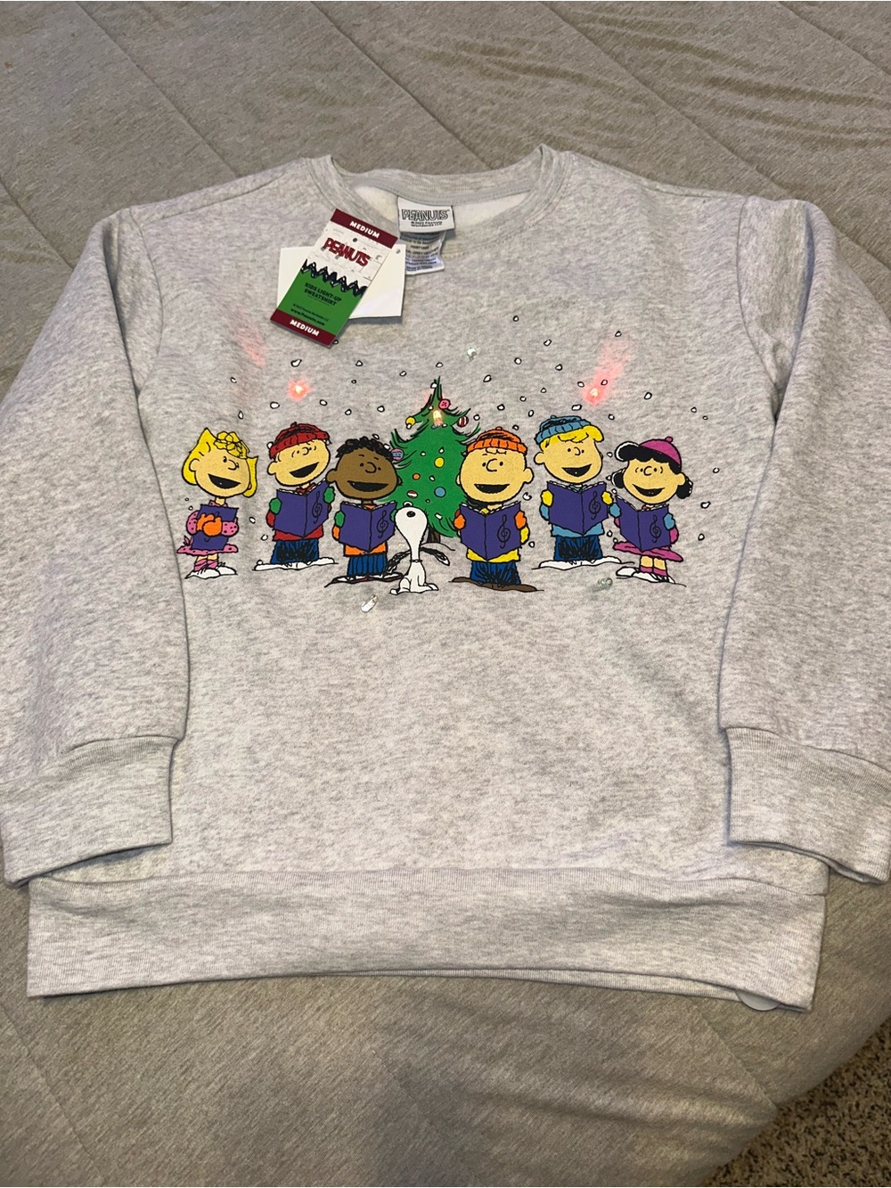 Peanuts Light Gray Kids Sweatshirt with Caroling Characters working lights